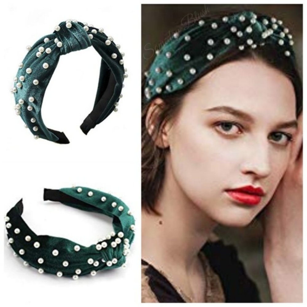 Someday Blush Boutique Green Faux Pearl Velvet Knotted Headband